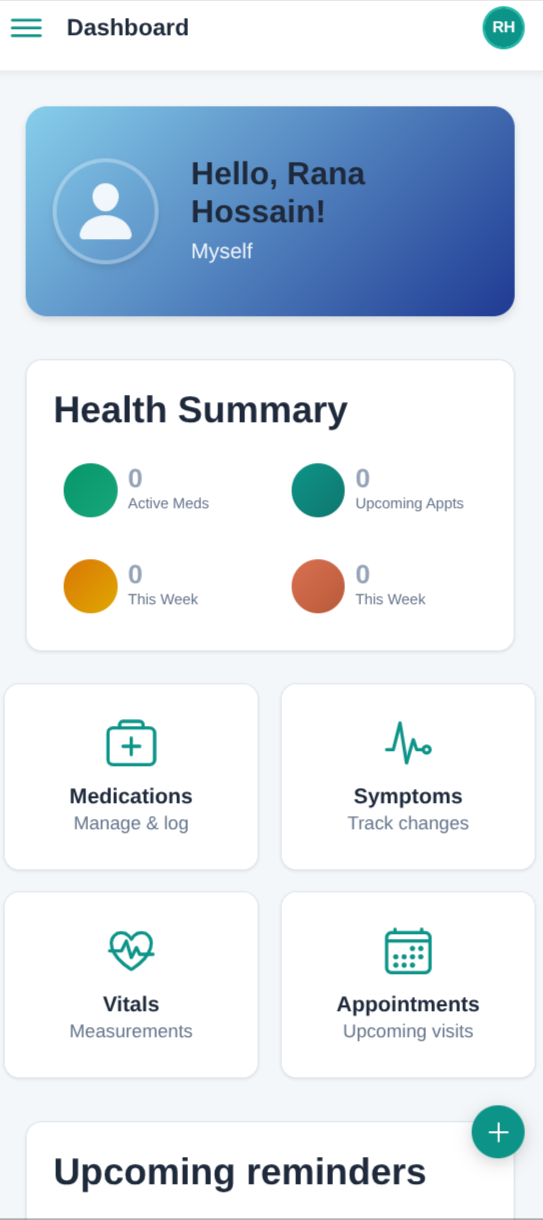 LaruCare dashboard — Health Summary, Medications, Symptoms, Vitals, Appointments